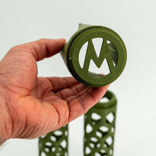 Close up of The Takumi Moss Pole 2.4in Open Design 4 prong stake in Matte Olive Green - Miyagi's Garden