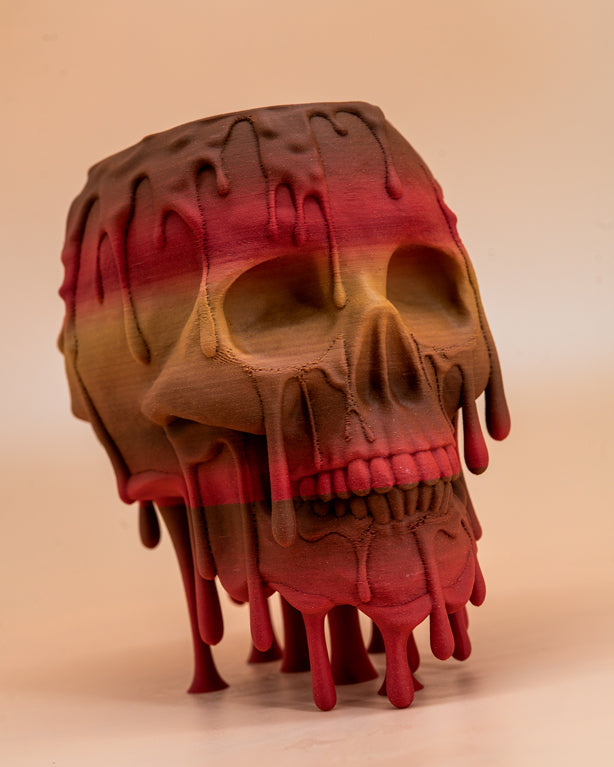 Close up of Melting Skull Planter in Red Cedar - Miyagi's Garden